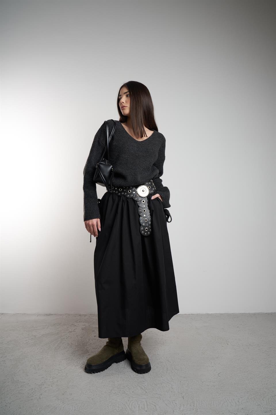 Bel Lastik Uzun Poplin Etek Siyah