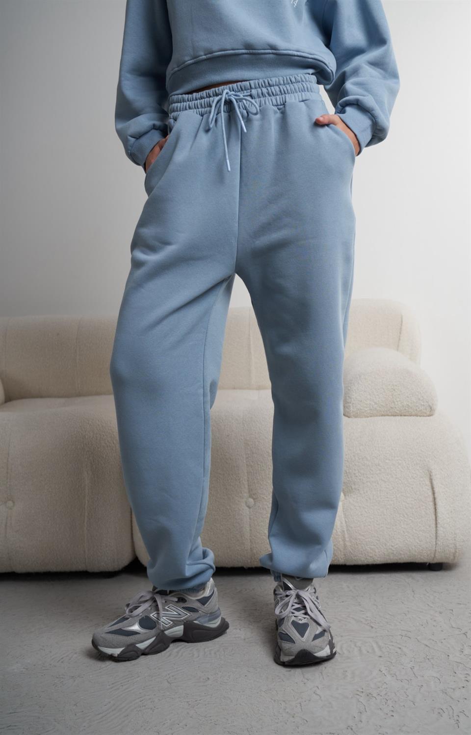 Bel Paça Lastik Şardonlu Eşofman Altı Prada Mavi