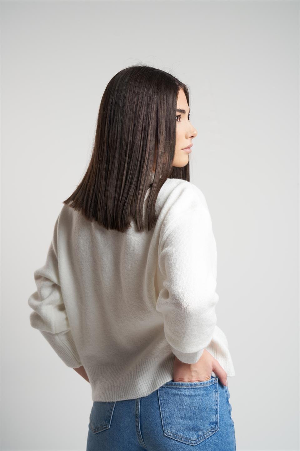 Bisiklet Yaka Bağlama Detaylı Kısa Hırka Ekru