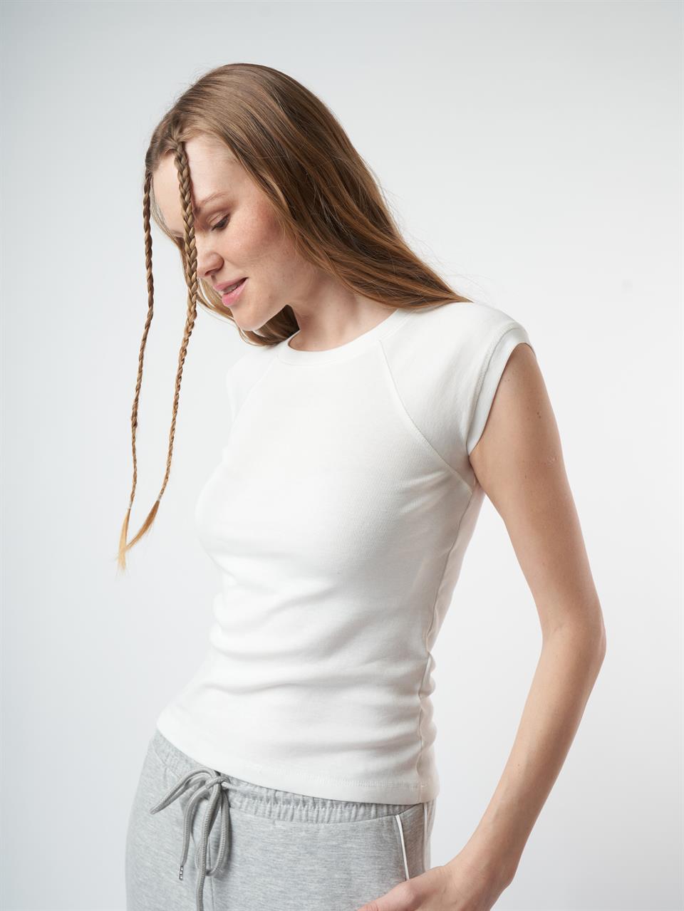 Bisiklet Yaka Basic Ribana Bluz Ekru