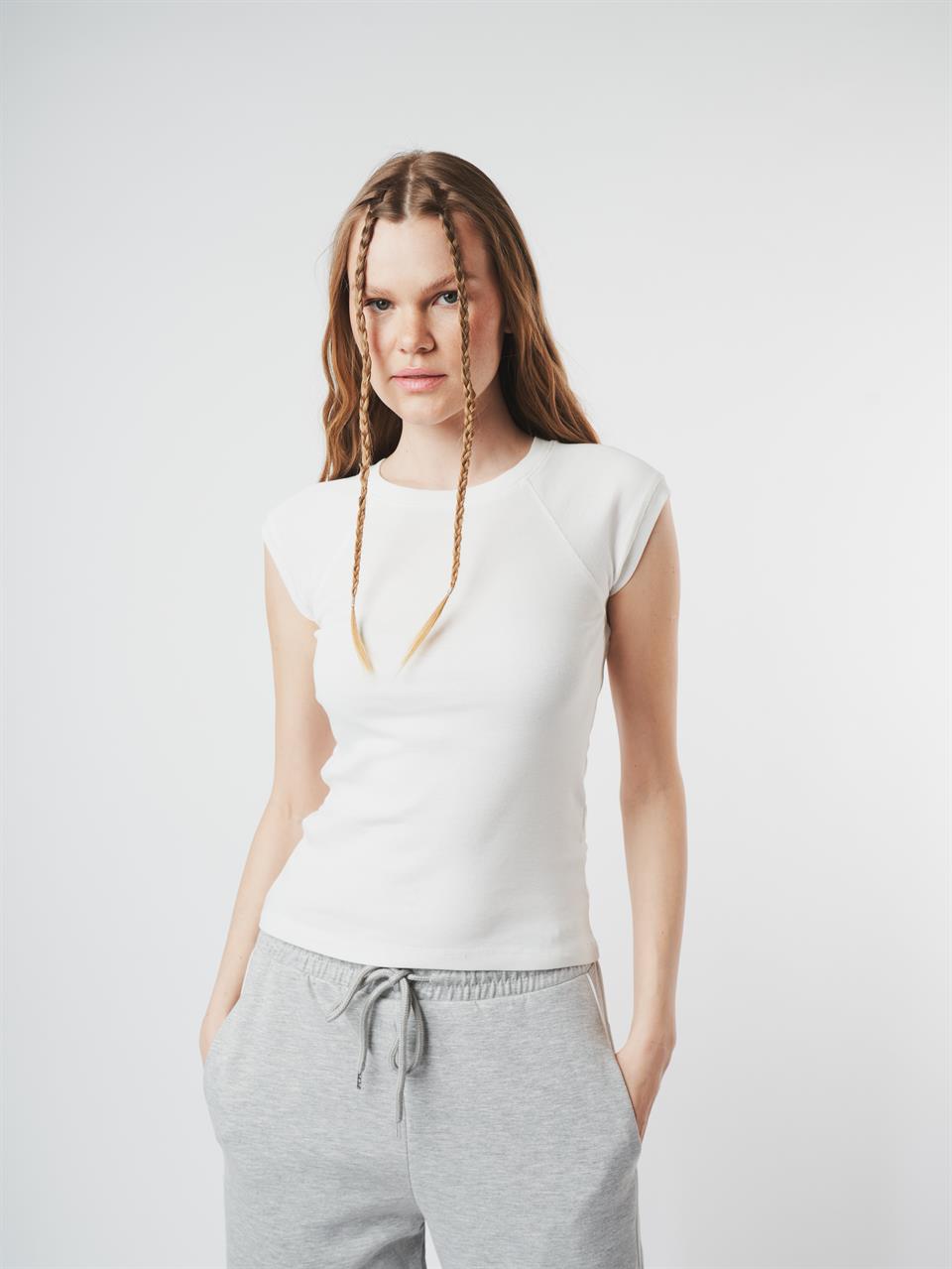 Bisiklet Yaka Basic Ribana Bluz Ekru