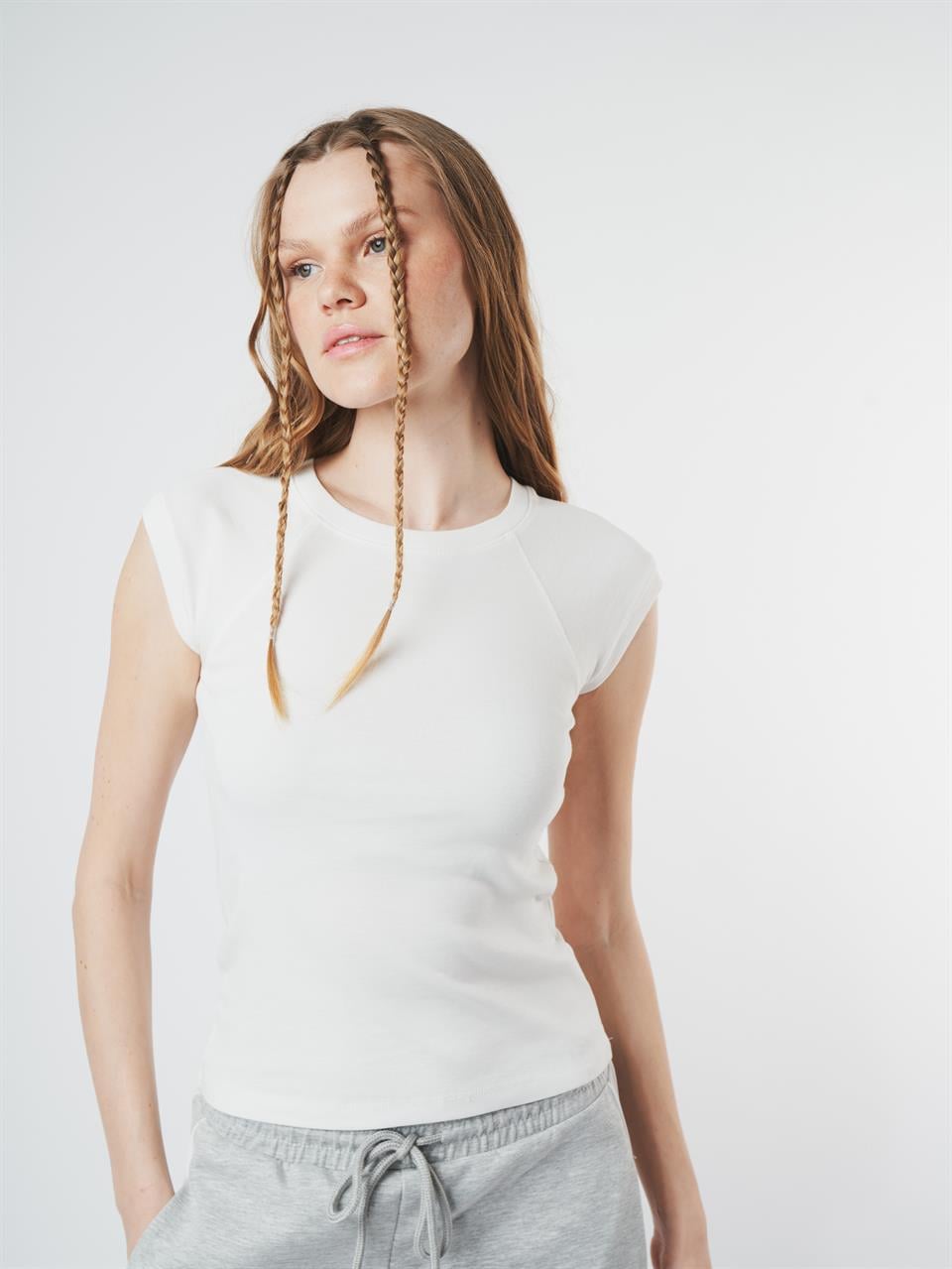 Bisiklet Yaka Basic Ribana Bluz Ekru