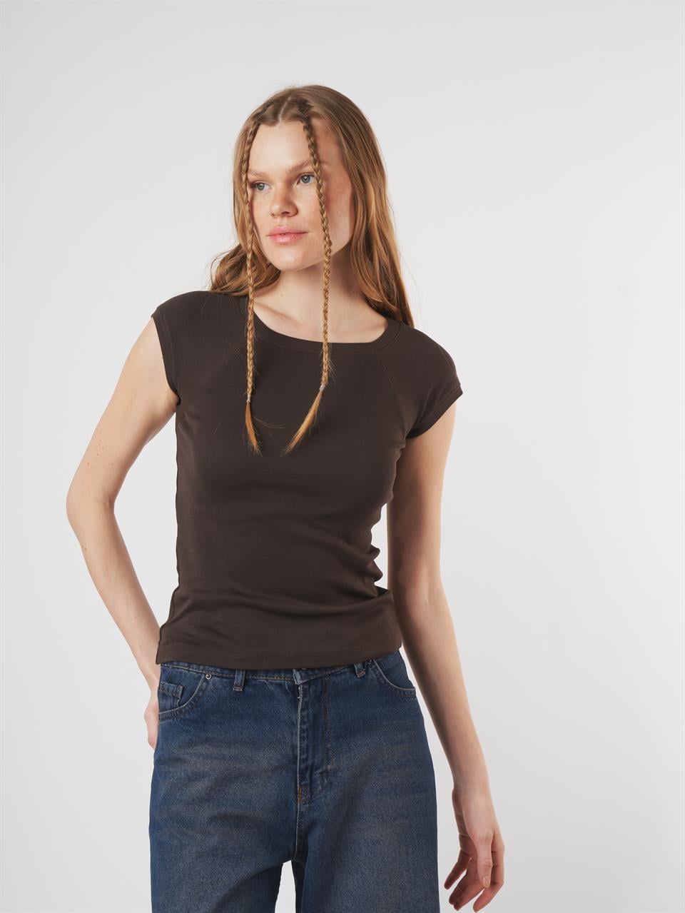 Bisiklet Yaka Basic Ribana Bluz Kahve