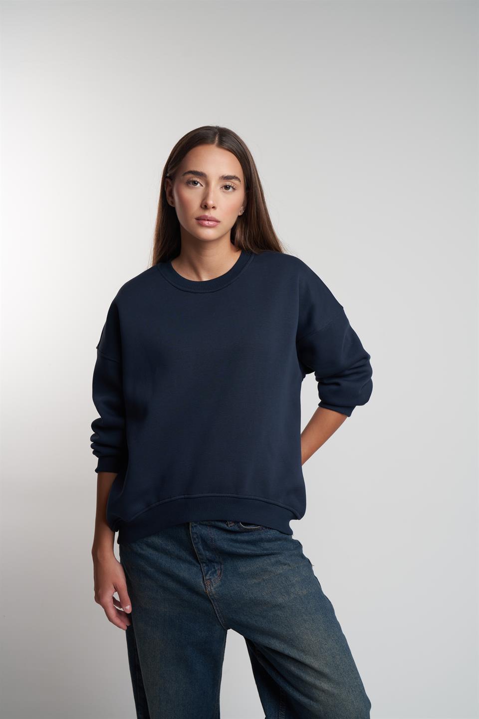 Bisiklet Yaka Basic Şardonlu Sweatshirt Lacivert