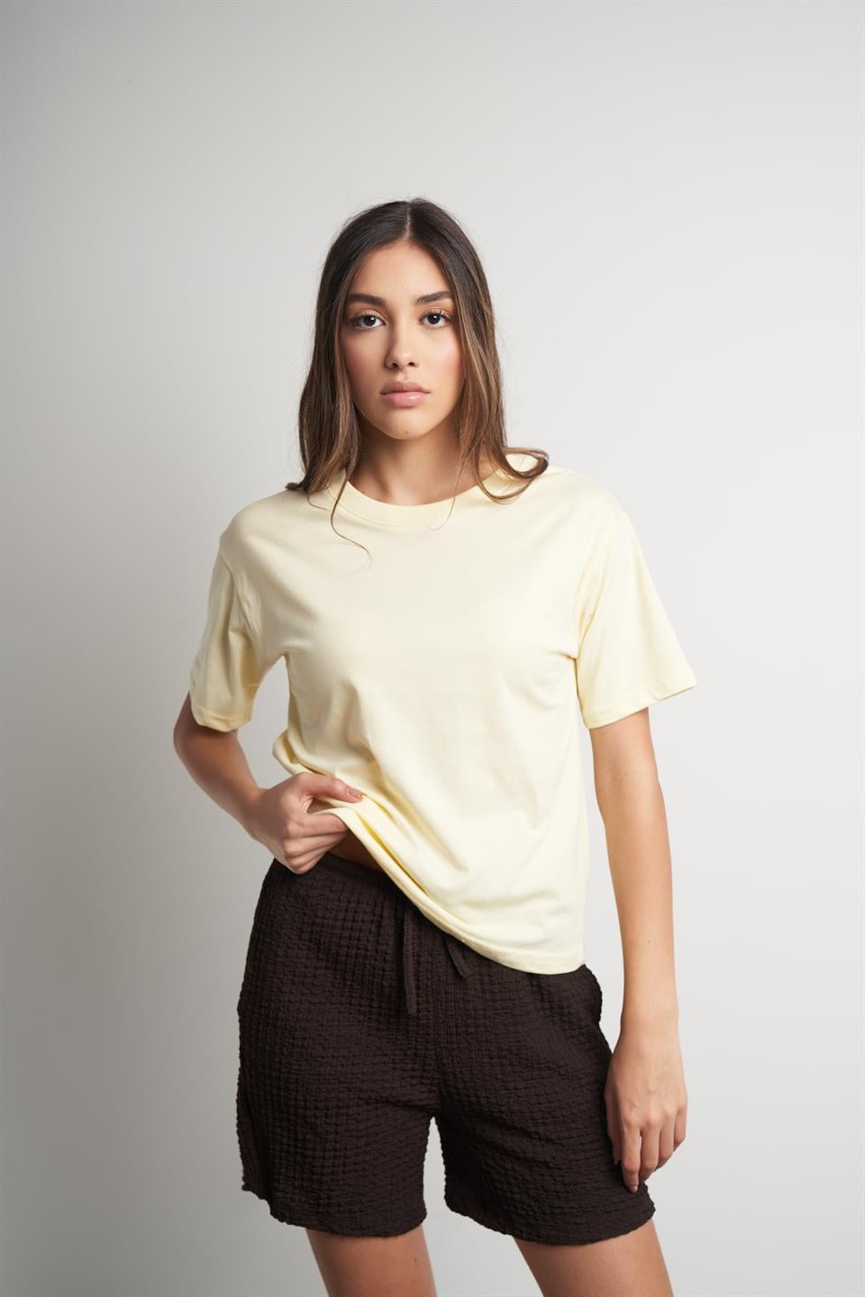 Bisiklet Yaka Basic T-shirt Sarı