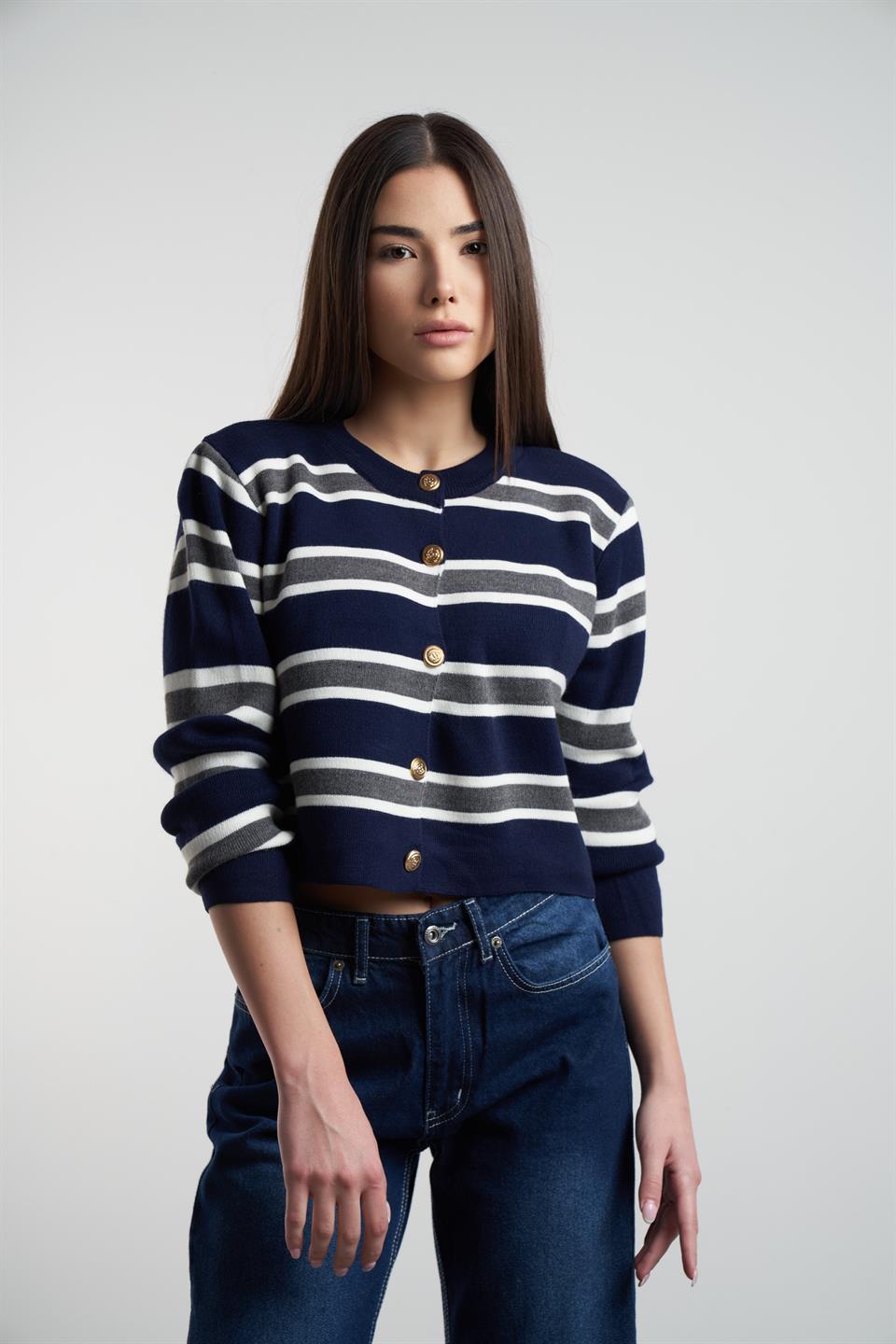 Bisiklet Yaka Çizgili Kısa Hırka Lacivert