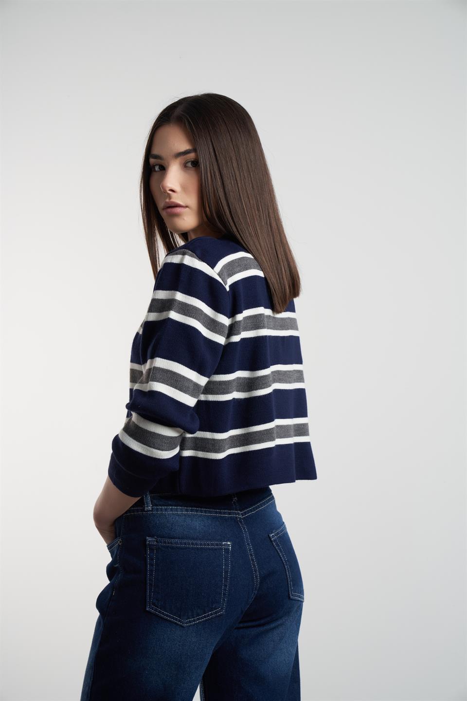 Bisiklet Yaka Çizgili Kısa Hırka Lacivert