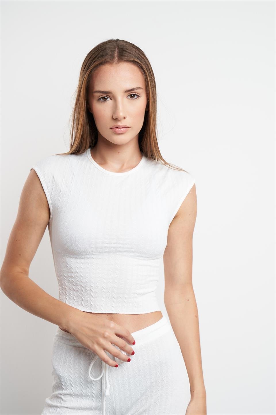 Bisiklet Yaka Crop Bluz Ekru