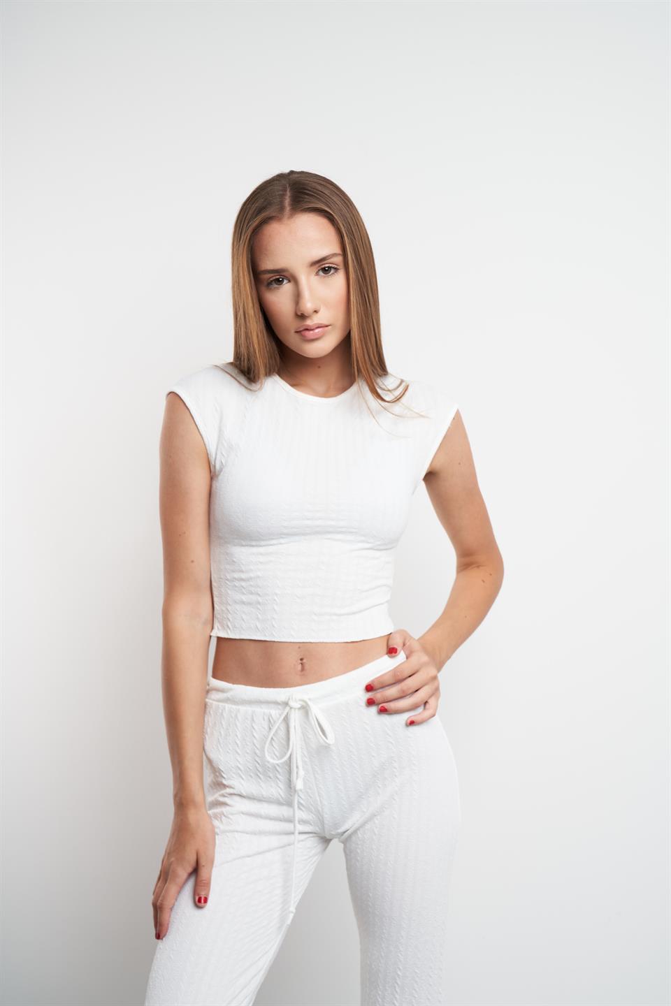 Bisiklet Yaka Crop Bluz Ekru