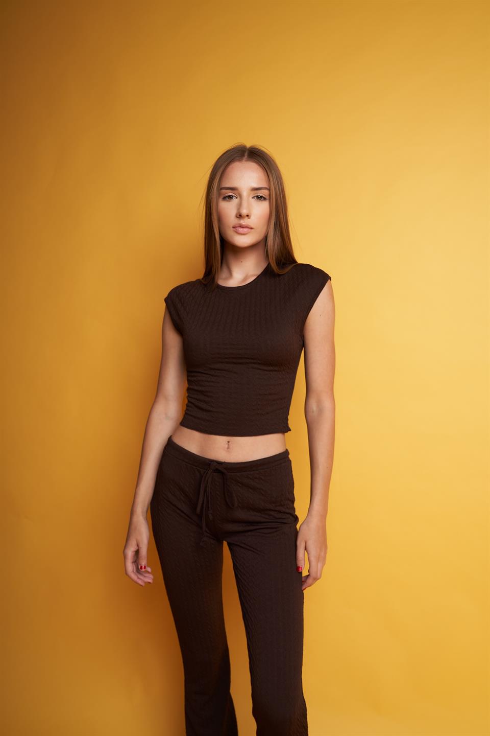 Bisiklet Yaka Crop Bluz Kahve