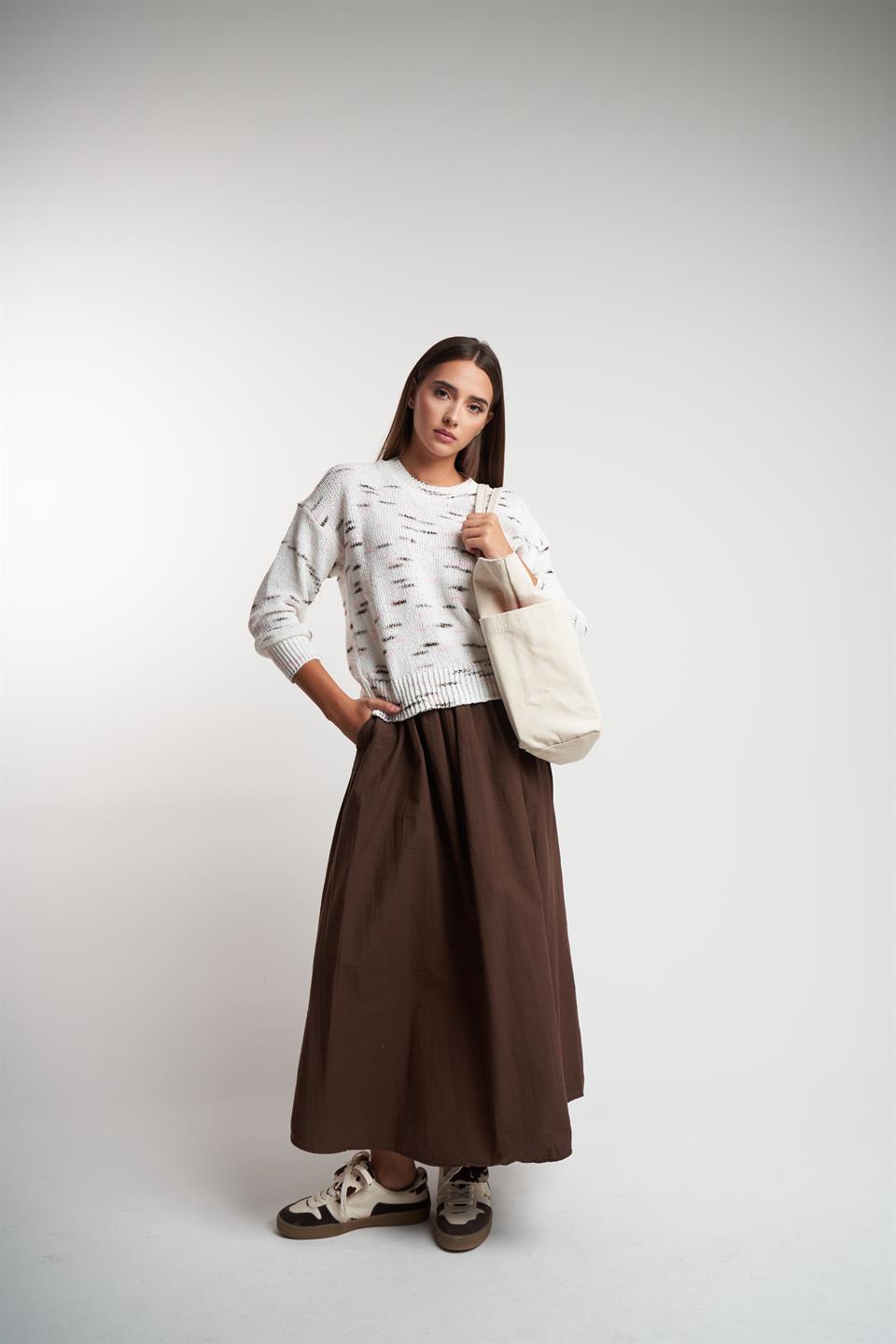 Bisiklet Yaka Desenli Triko Kazak Krem-Kahve