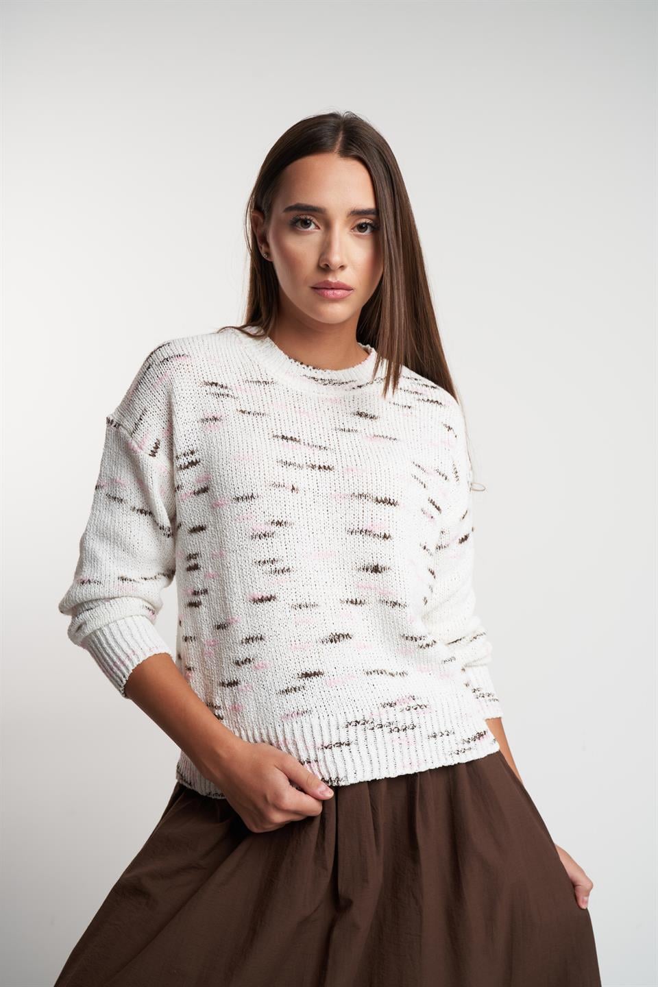 Bisiklet Yaka Desenli Triko Kazak Krem-Kahve