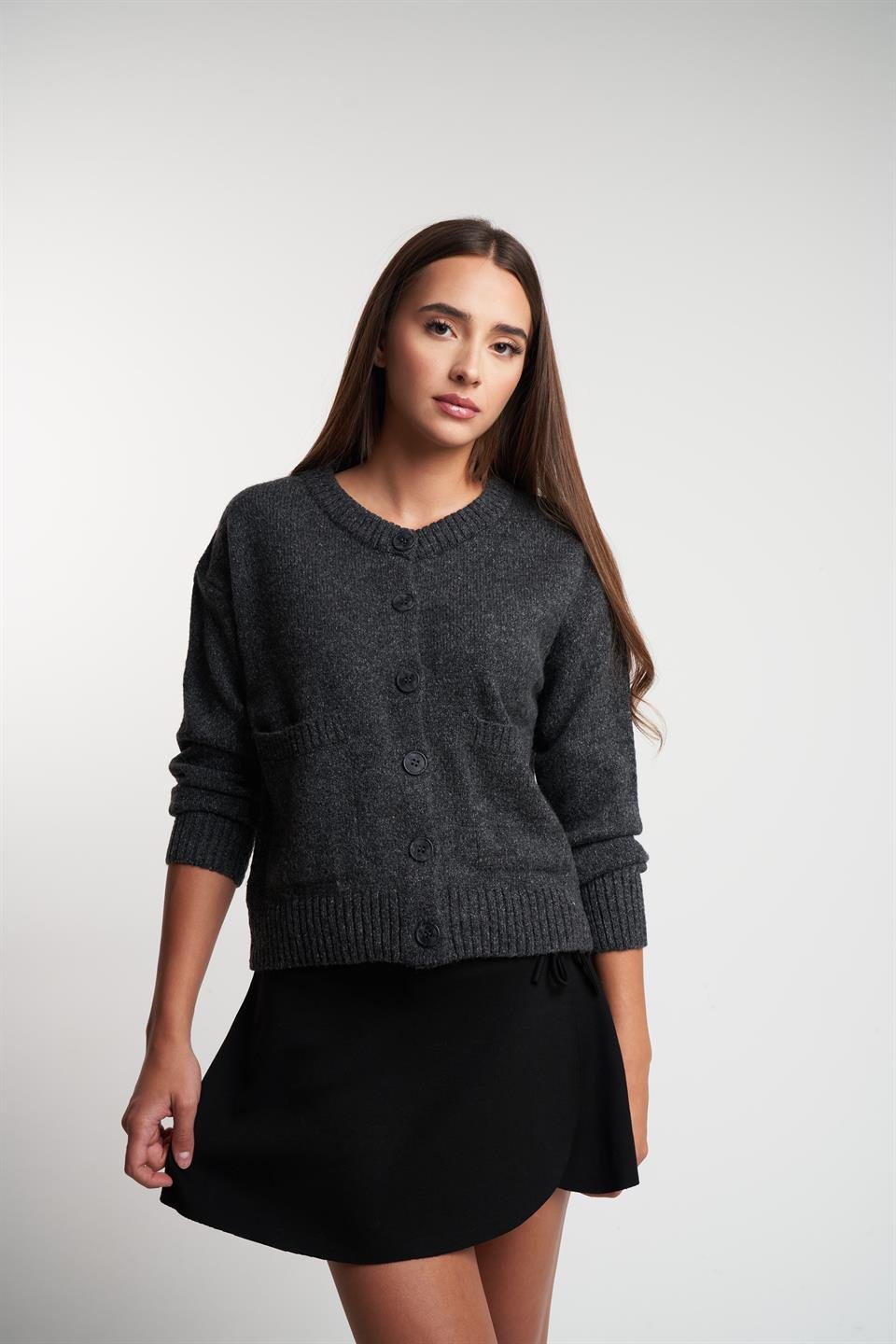 Bisiklet Yaka Düğmeli Kısa Hırka Antrasit