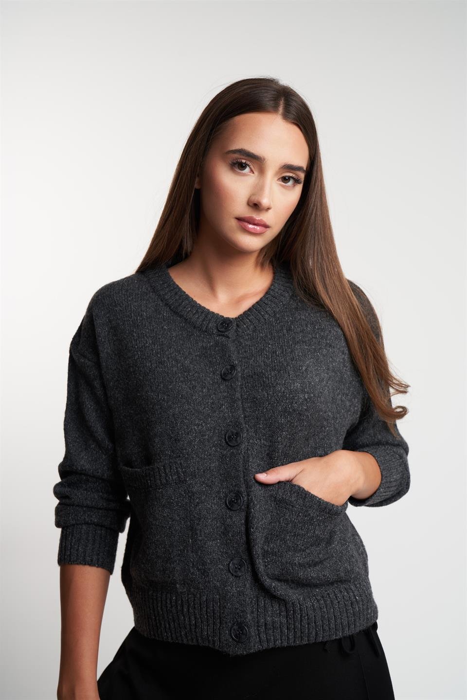 Bisiklet Yaka Düğmeli Kısa Hırka Antrasit