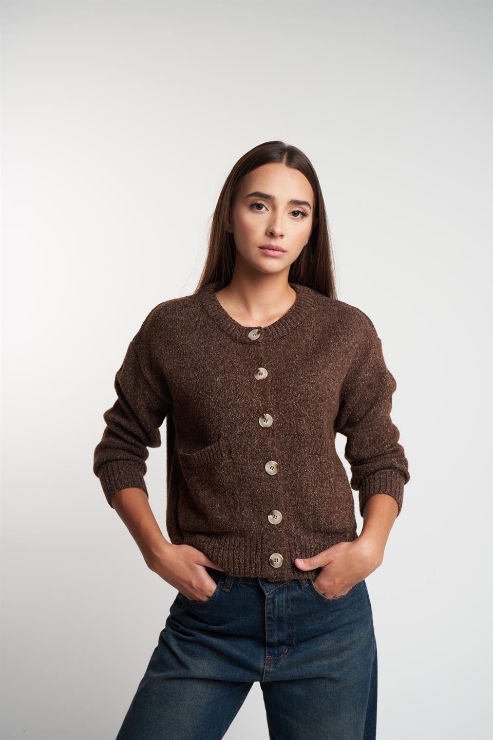 Bisiklet Yaka Düğmeli Kısa Hırka Kahve