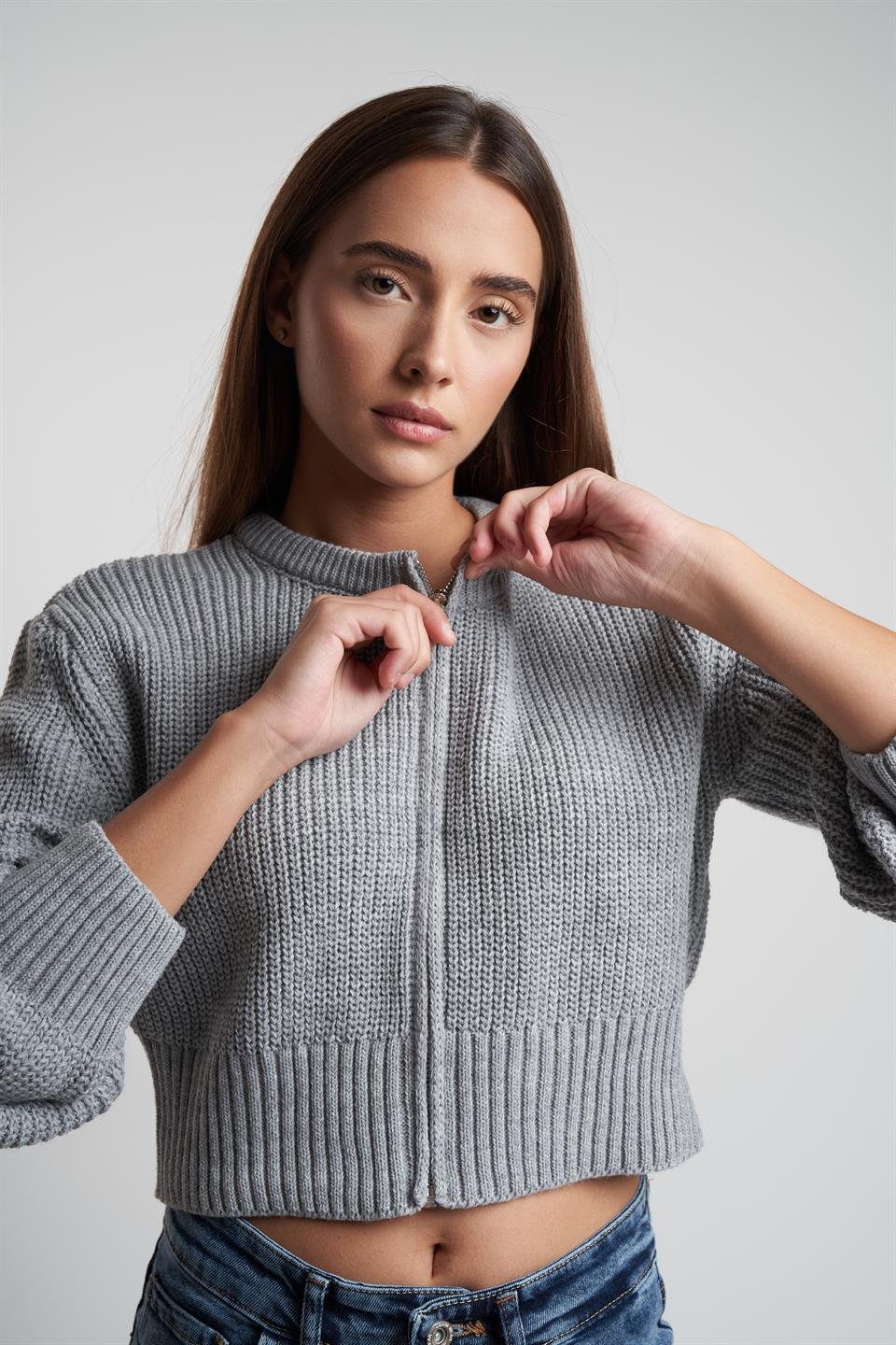 Bisiklet Yaka Fermaurlı Kısa Hırka Grimelanj