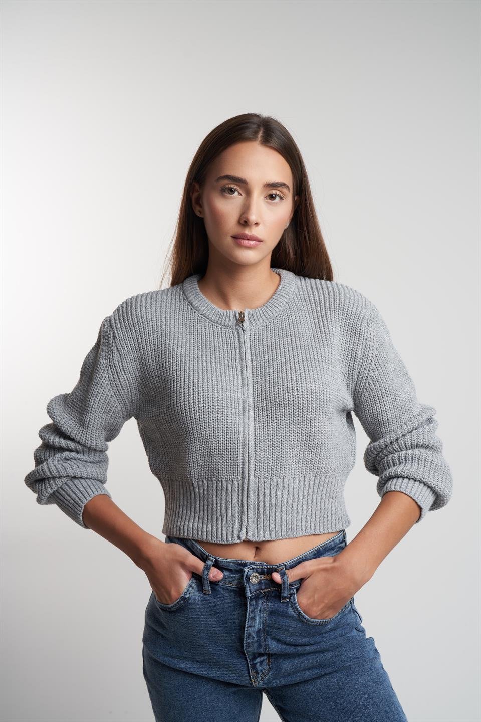 Bisiklet Yaka Fermaurlı Kısa Hırka Grimelanj