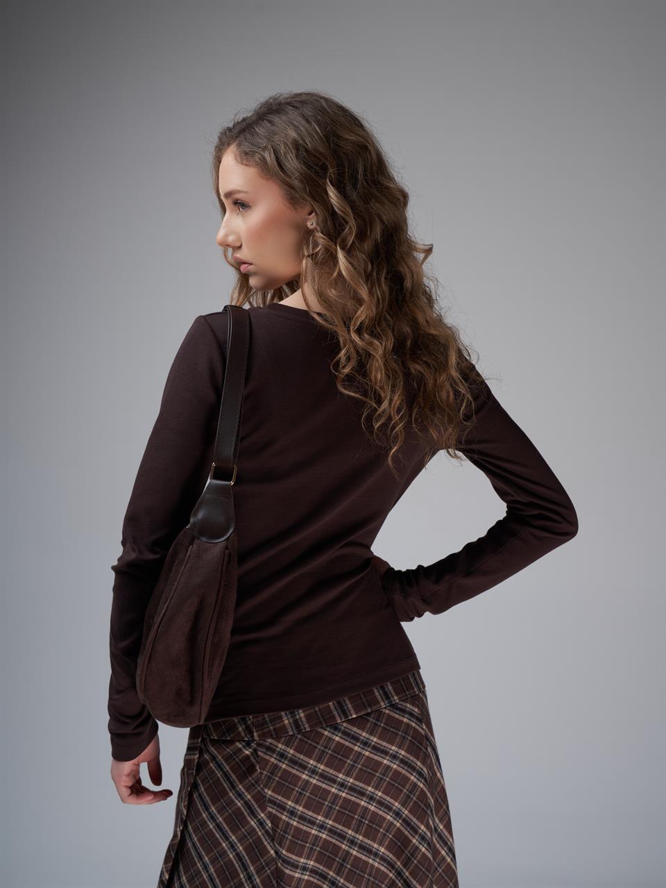 Bisiklet Yaka İnterlok Uzun Kol Bluz Kahve