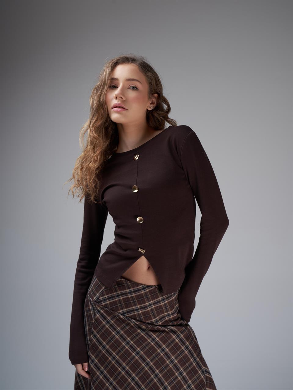 Bisiklet Yaka İnterlok Uzun Kol Bluz Kahve