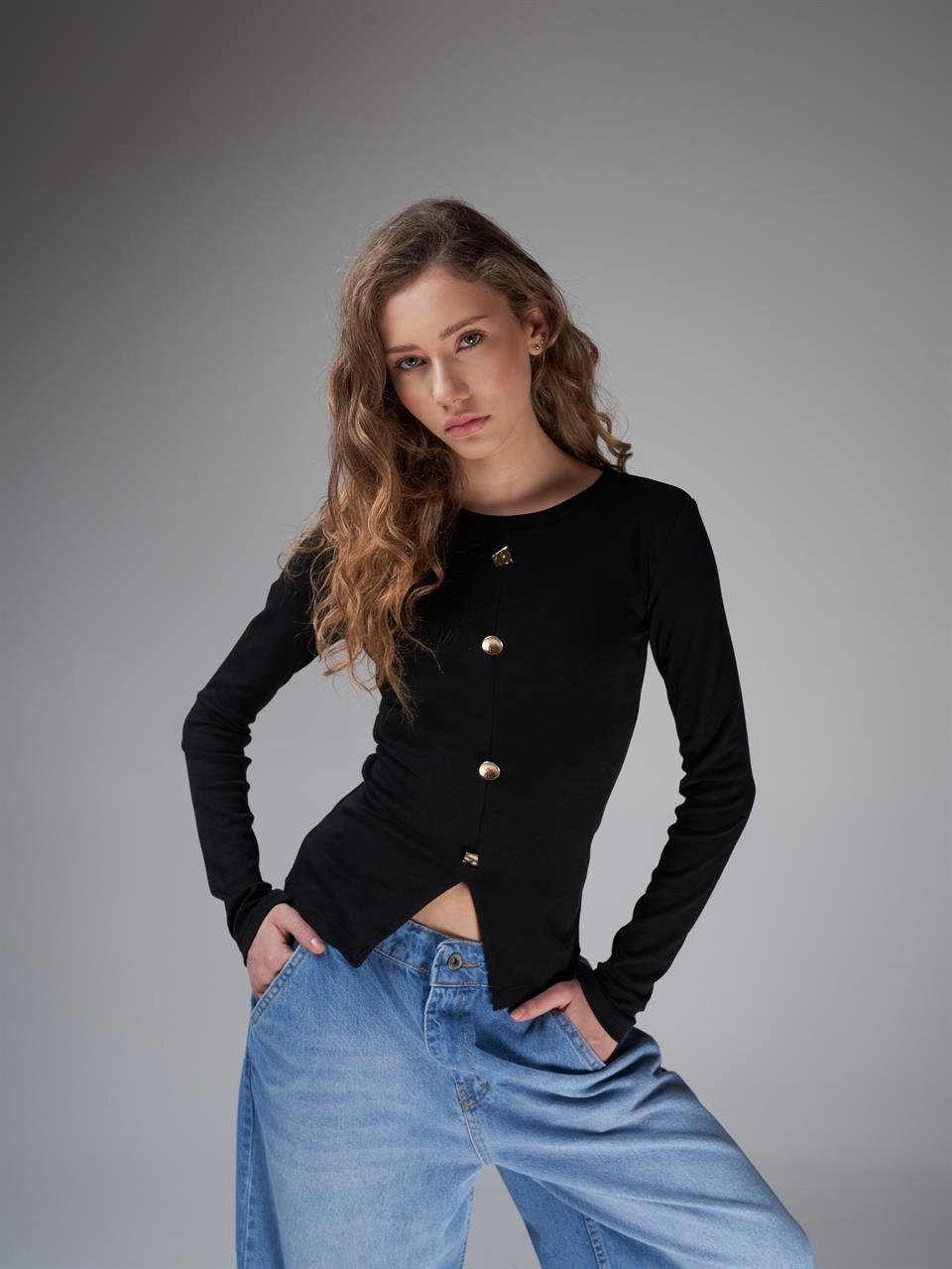 Bisiklet Yaka İnterlok Uzun Kol Bluz Siyah