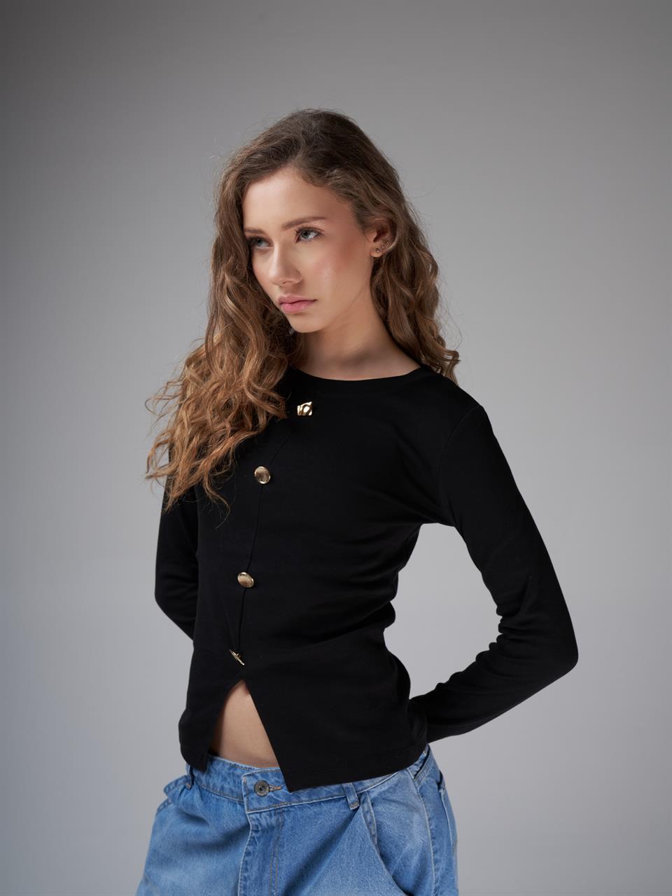 Bisiklet Yaka İnterlok Uzun Kol Bluz Siyah