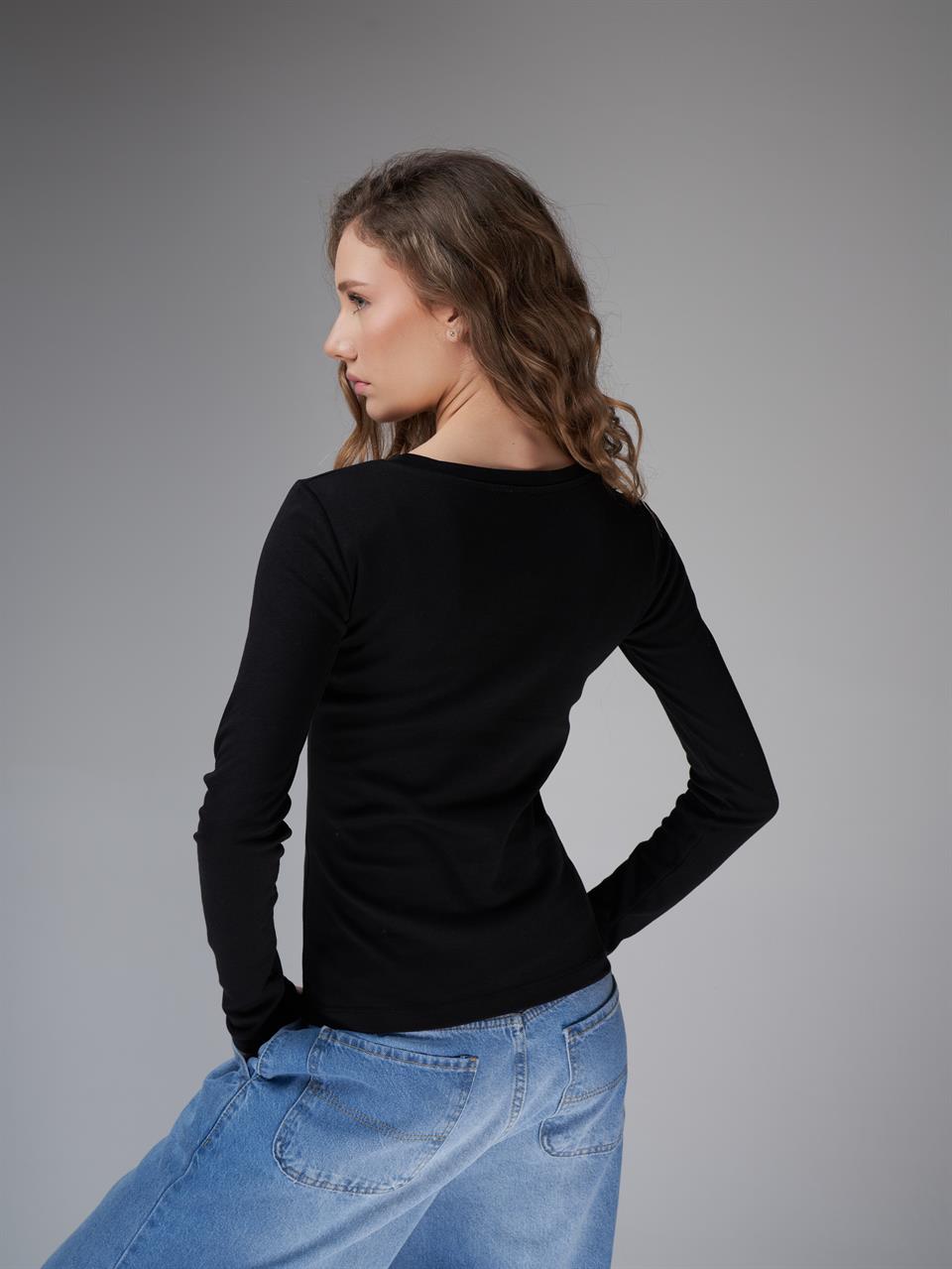 Bisiklet Yaka İnterlok Uzun Kol Bluz Siyah