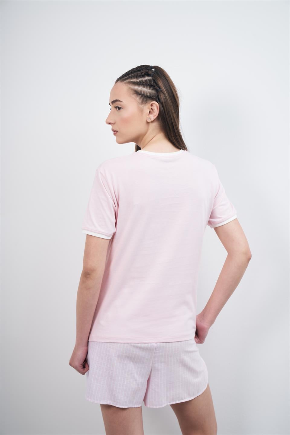 Bisiklet Yaka Kısa Kol T-Shirt Toz Pembe