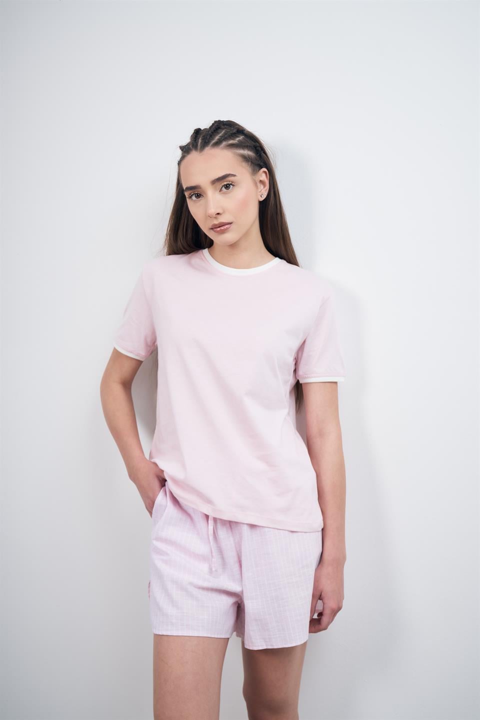 Bisiklet Yaka Kısa Kol T-Shirt Toz Pembe