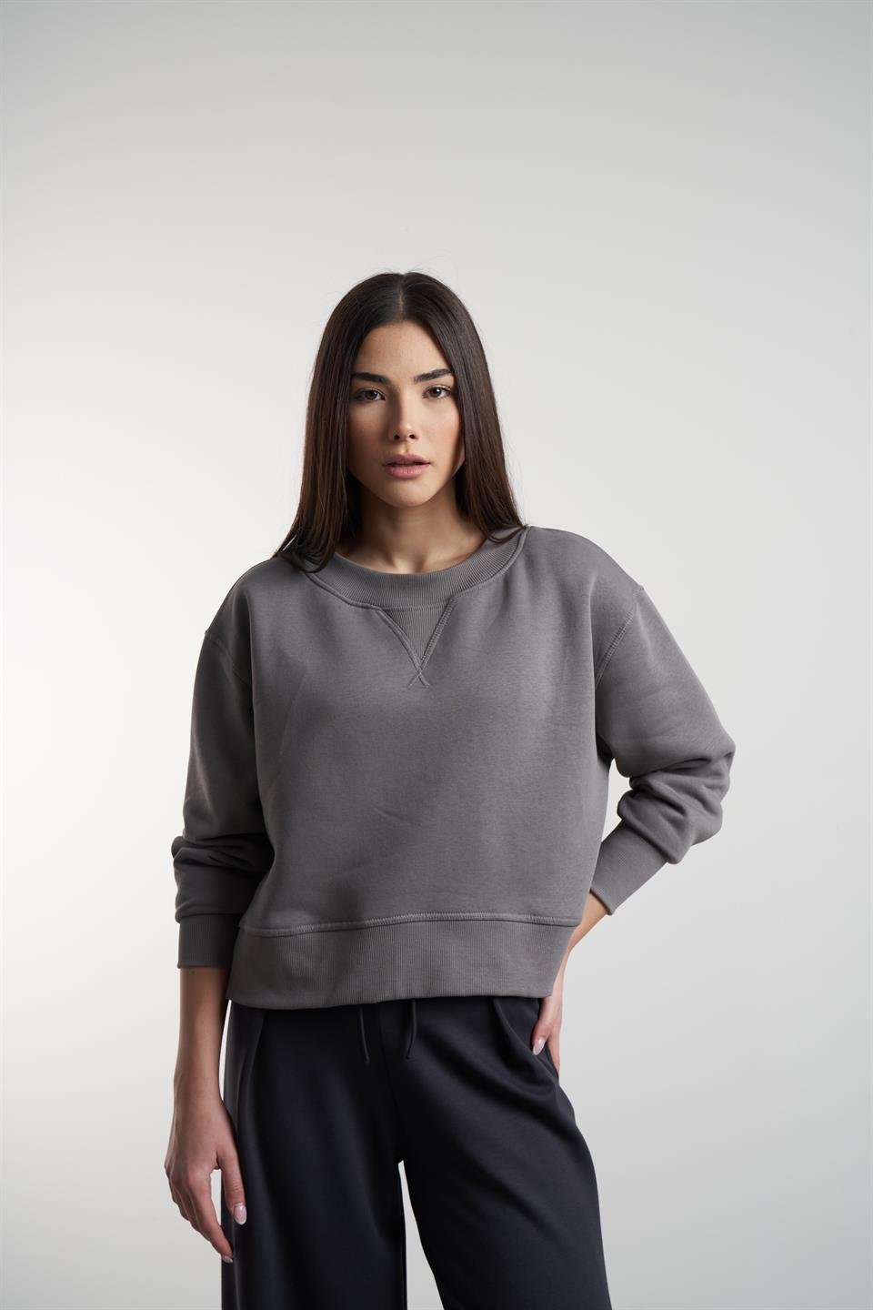 Bisiklet Yaka Şardonlu Sweatshirt B.Gri