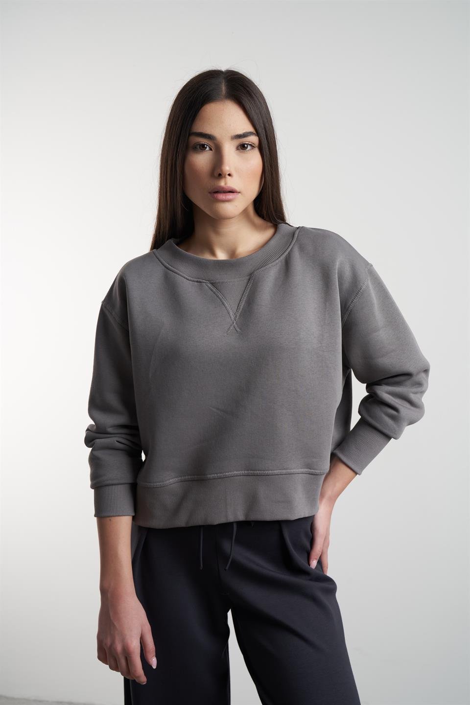 Bisiklet Yaka Şardonlu Sweatshirt B.Gri