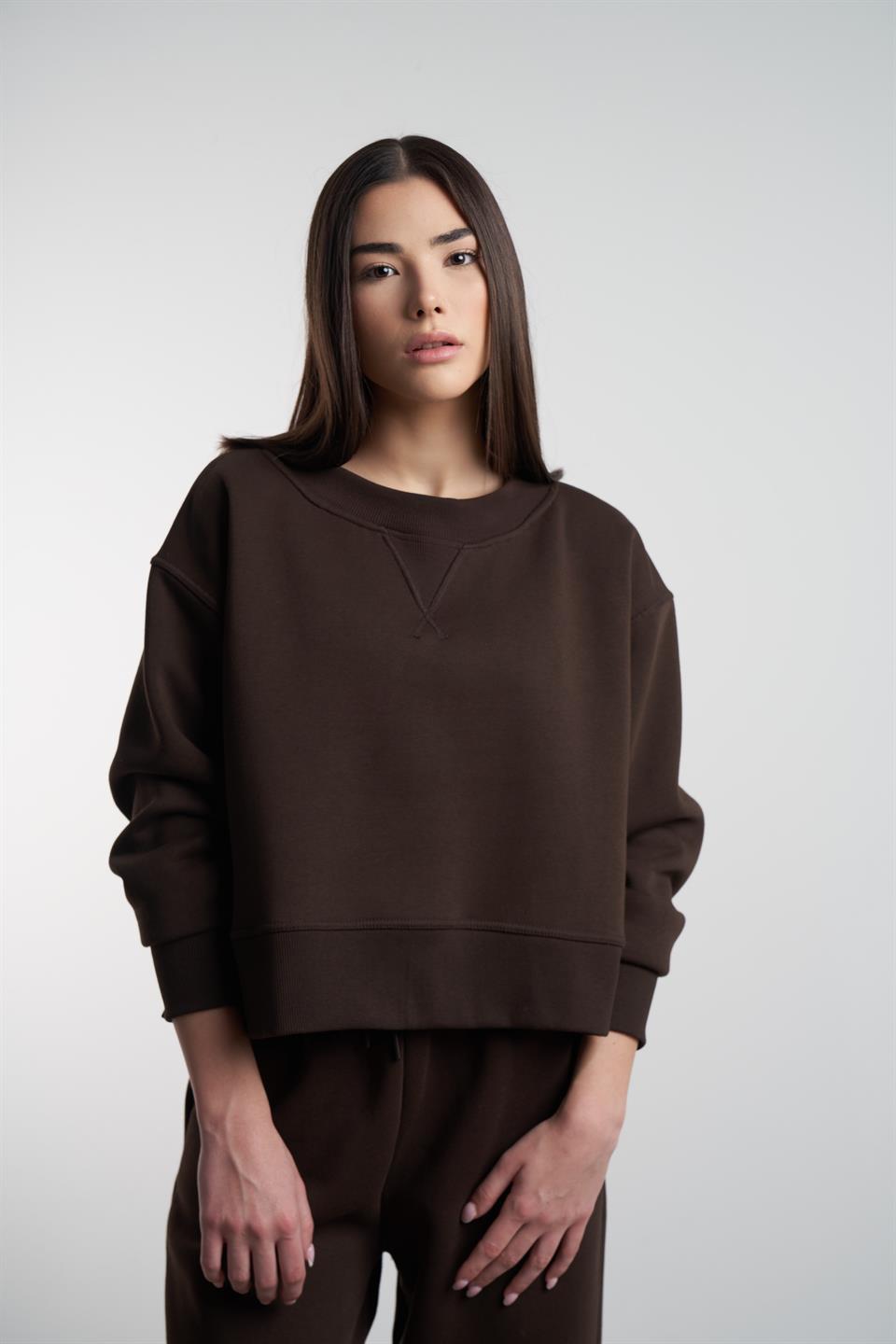 Bisiklet Yaka Şardonlu Sweatshirt Kahve