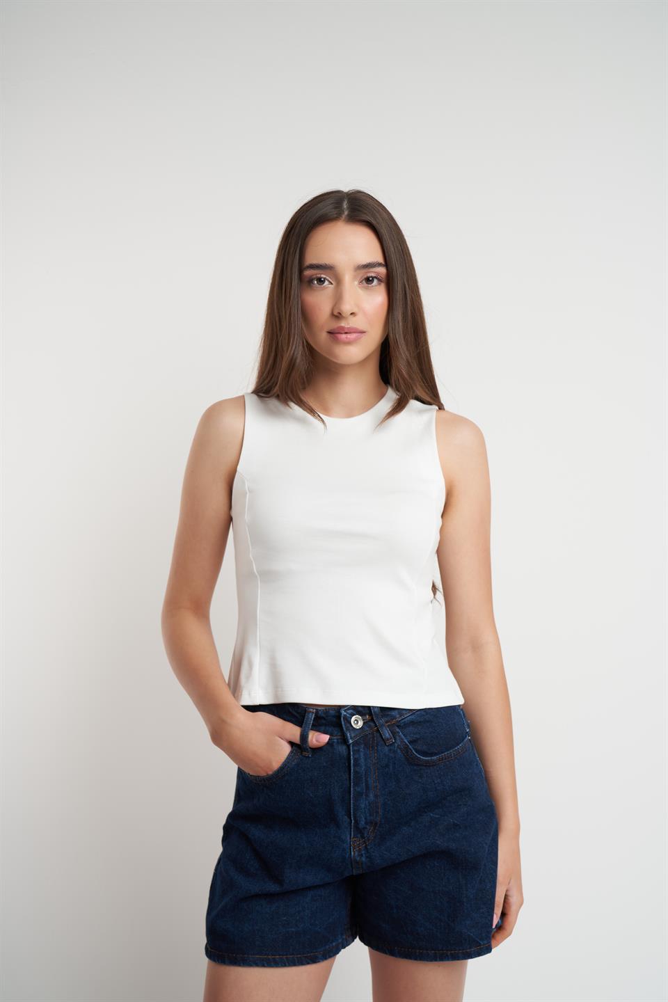 Bisiklet Yaka Sıfır Kol Bluz Ekru