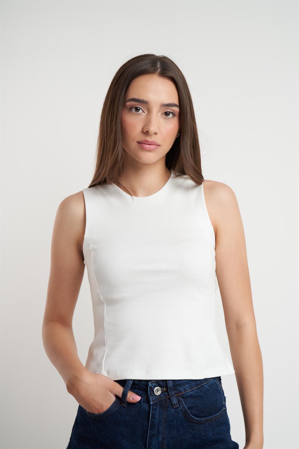 Bisiklet Yaka Sıfır Kol Bluz Ekru