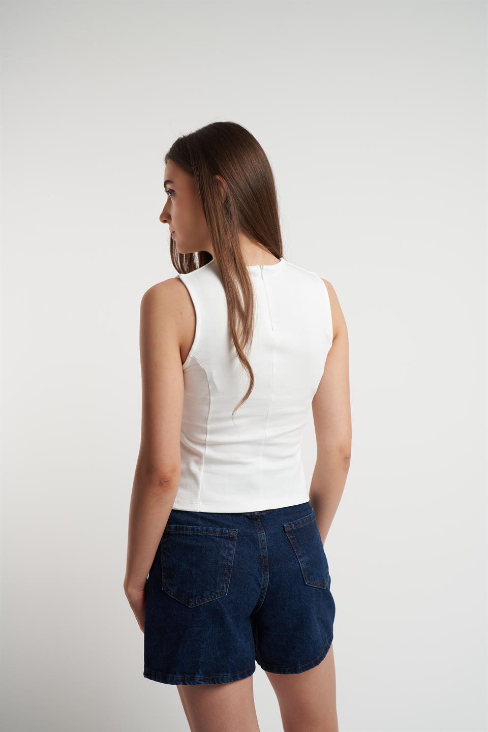 Bisiklet Yaka Sıfır Kol Bluz Ekru