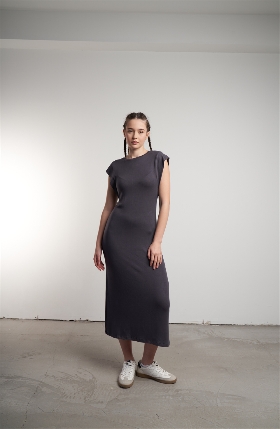 Bisiklet Yaka Uzun Elbise Füme