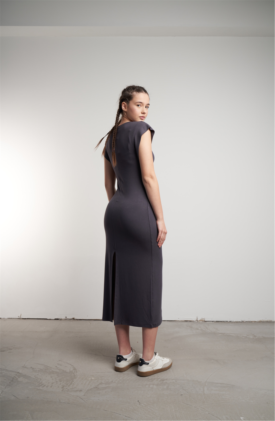 Bisiklet Yaka Uzun Elbise Füme