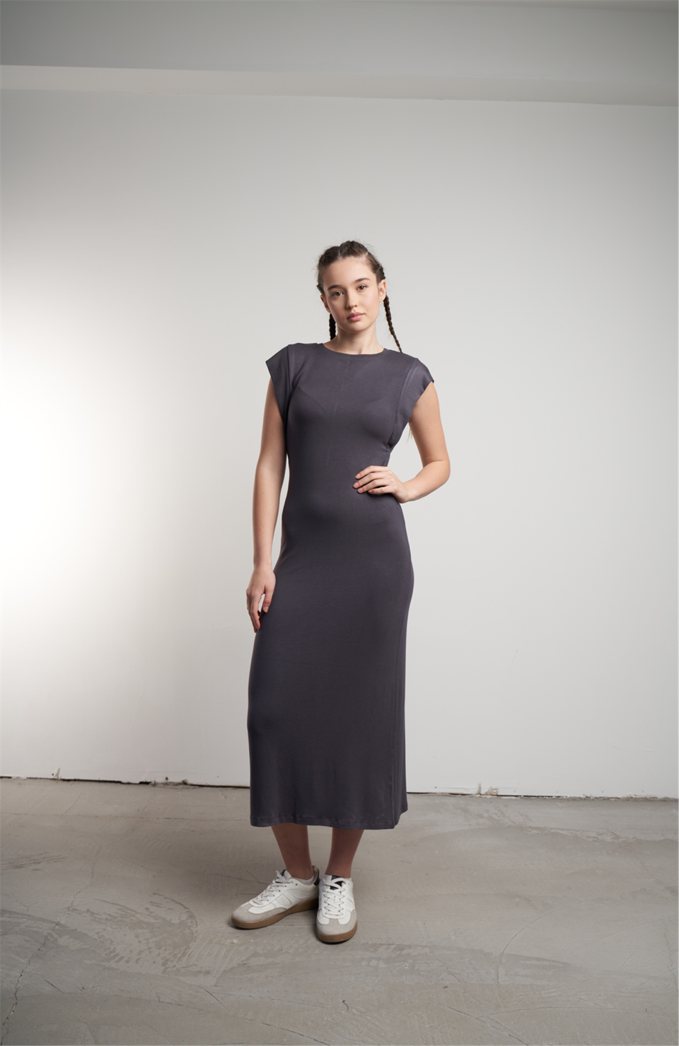 Bisiklet Yaka Uzun Elbise Füme