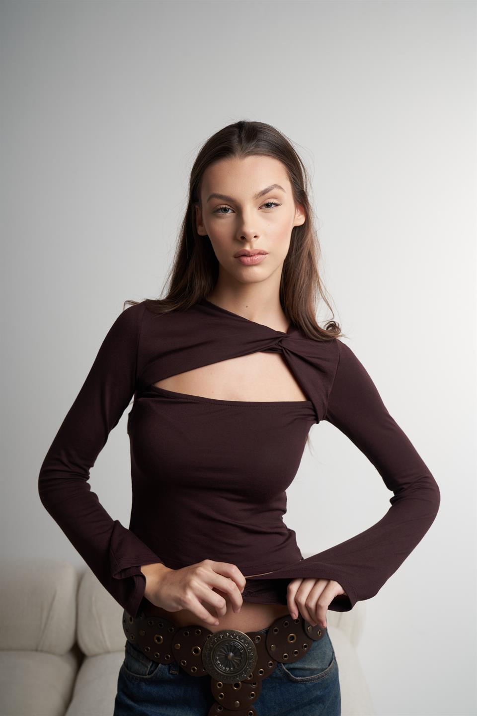 Bisiklet Yaka Uzun Kol Bluz Koyu Mürdüm