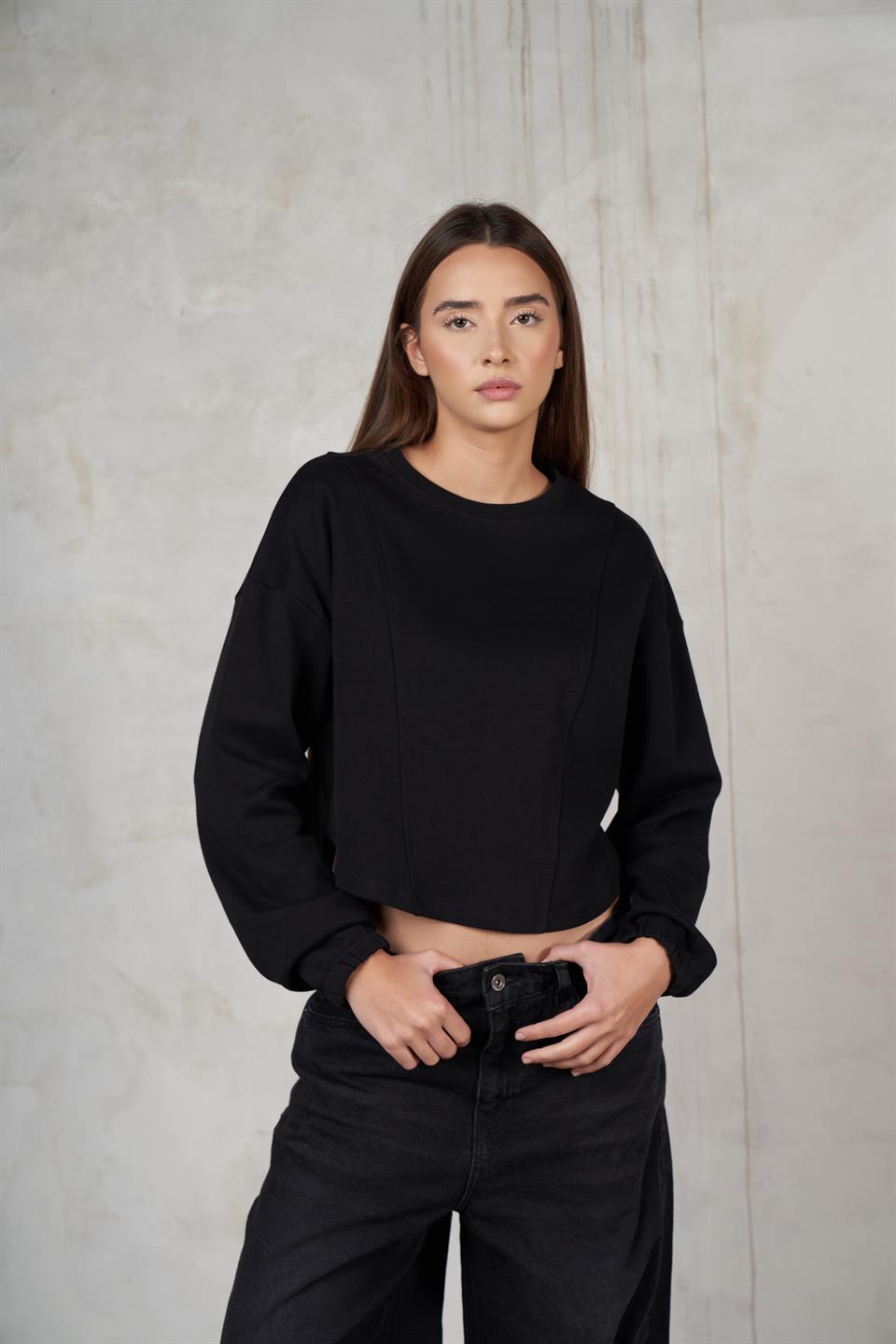 Bisiklet Yaka Uzun Kol Sweatshirt Siyah