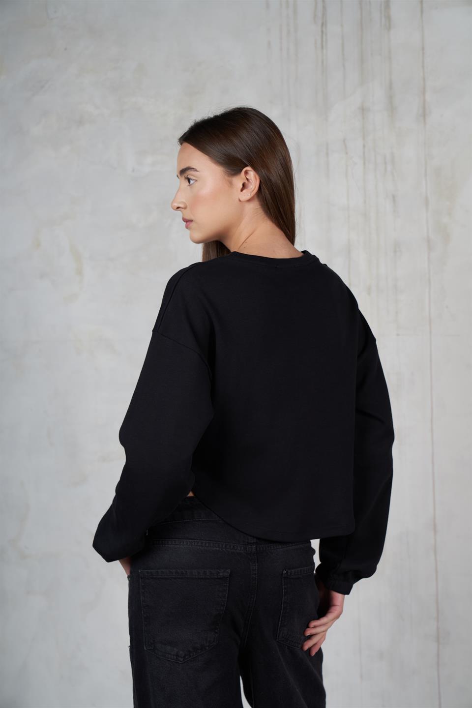 Bisiklet Yaka Uzun Kol Sweatshirt Siyah