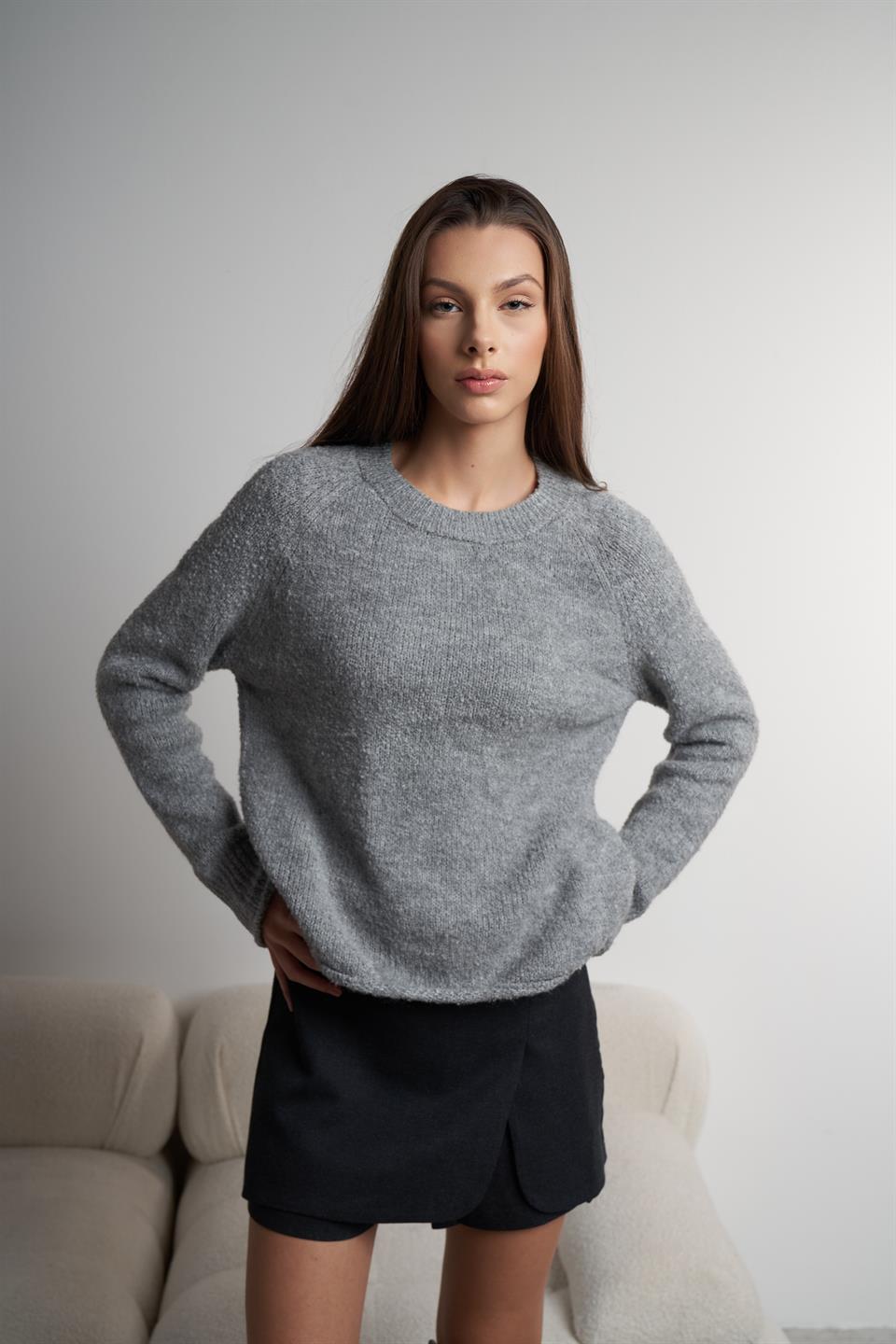 Bisiklet Yaka Uzun Kol Triko Kazak Gri