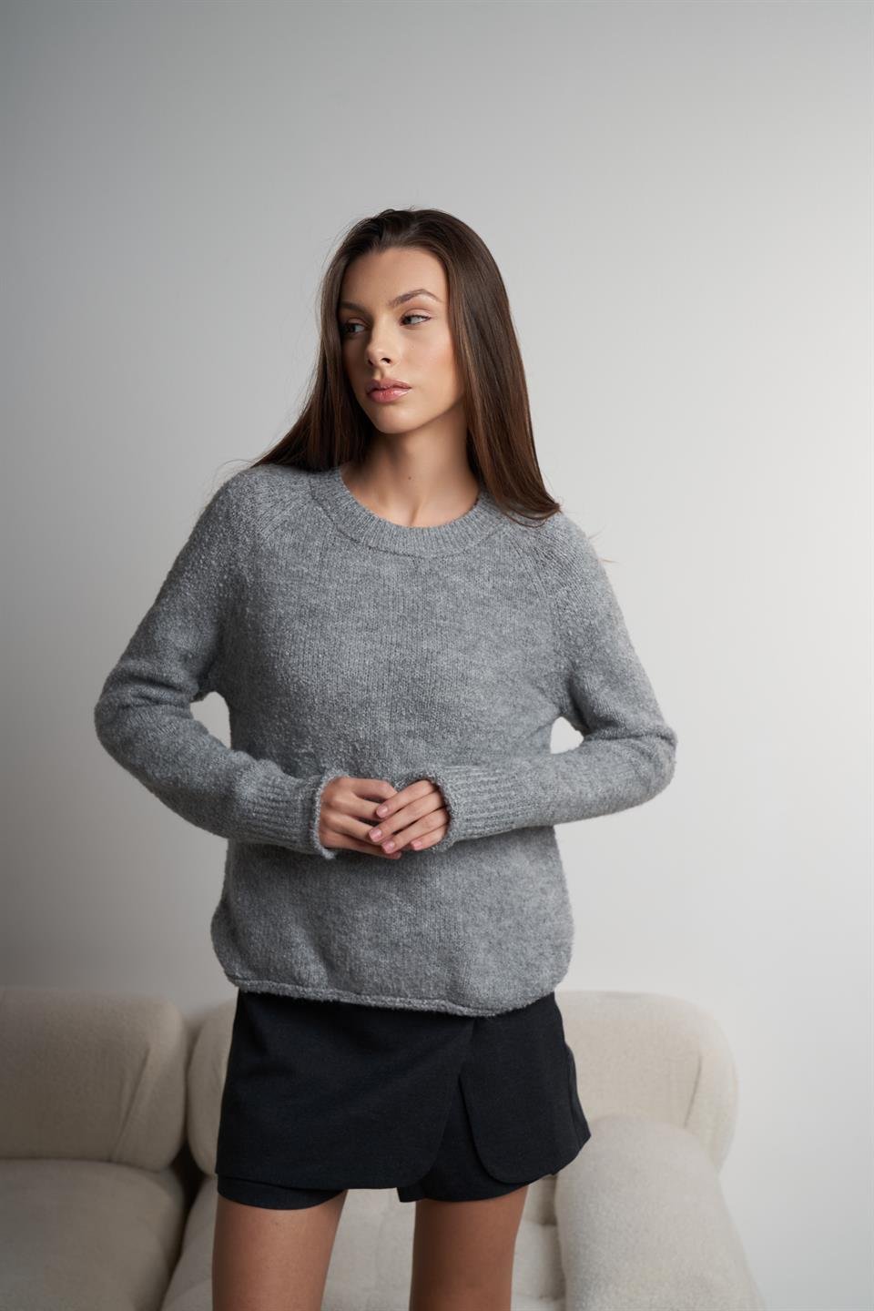 Bisiklet Yaka Uzun Kol Triko Kazak Gri