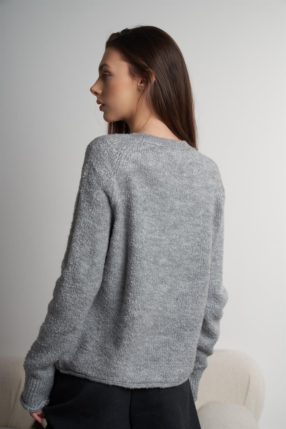 Bisiklet Yaka Uzun Kol Triko Kazak Gri