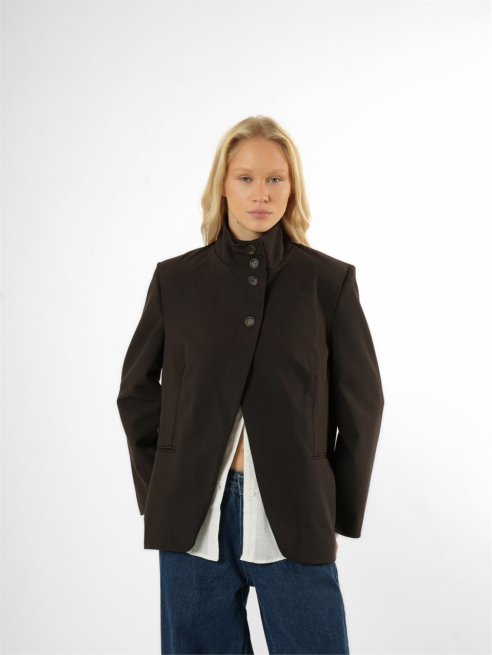 Biye Detaylı Blazer Ceket Acı Kahve