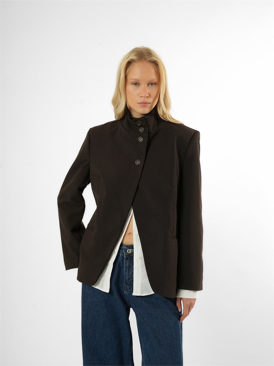 Biye Detaylı Blazer Ceket Acı Kahve