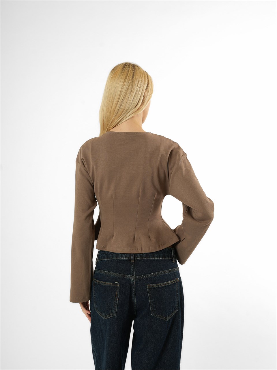 Biye Detaylı Crop Bluz Vizon