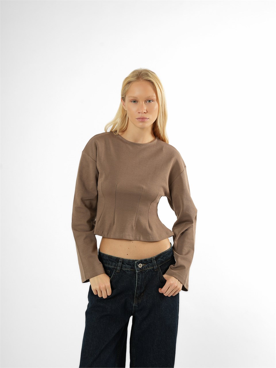 Biye Detaylı Crop Bluz Vizon
