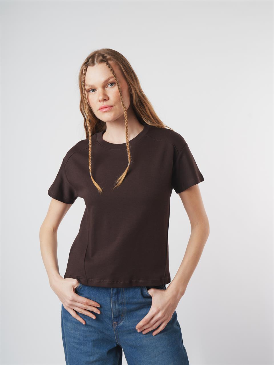 Biyeli Basic Kısa Kol Bluz Kahve