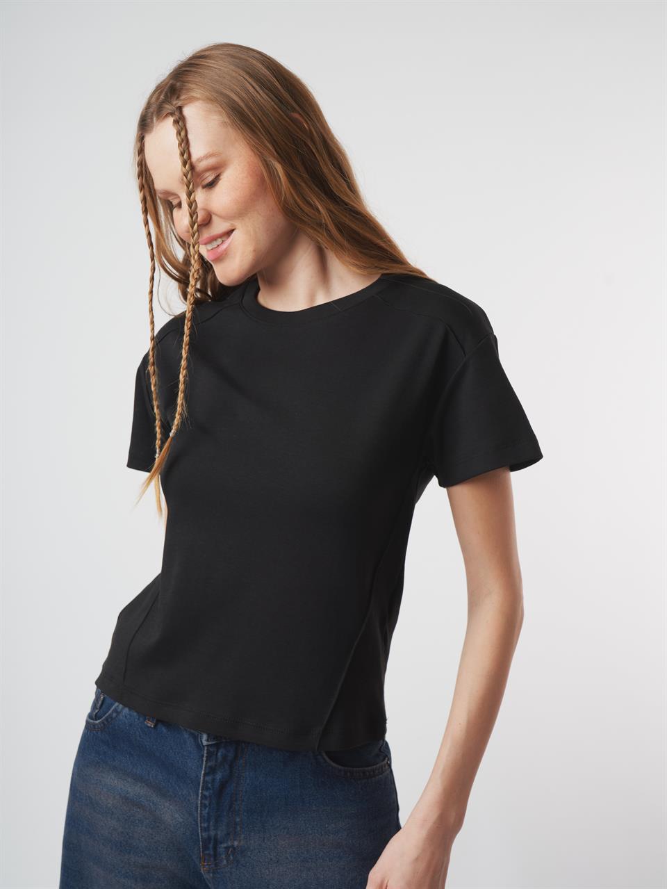 Biyeli Basic Kısa Kol Bluz Siyah