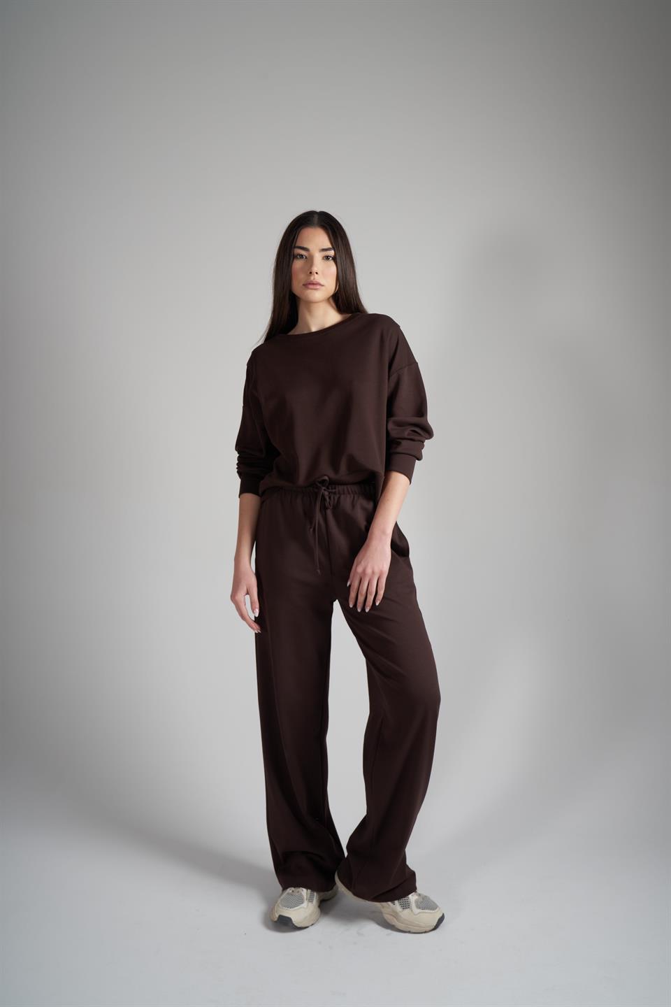 Bol Paça İnterlok Kumaş Pantolon Kahve